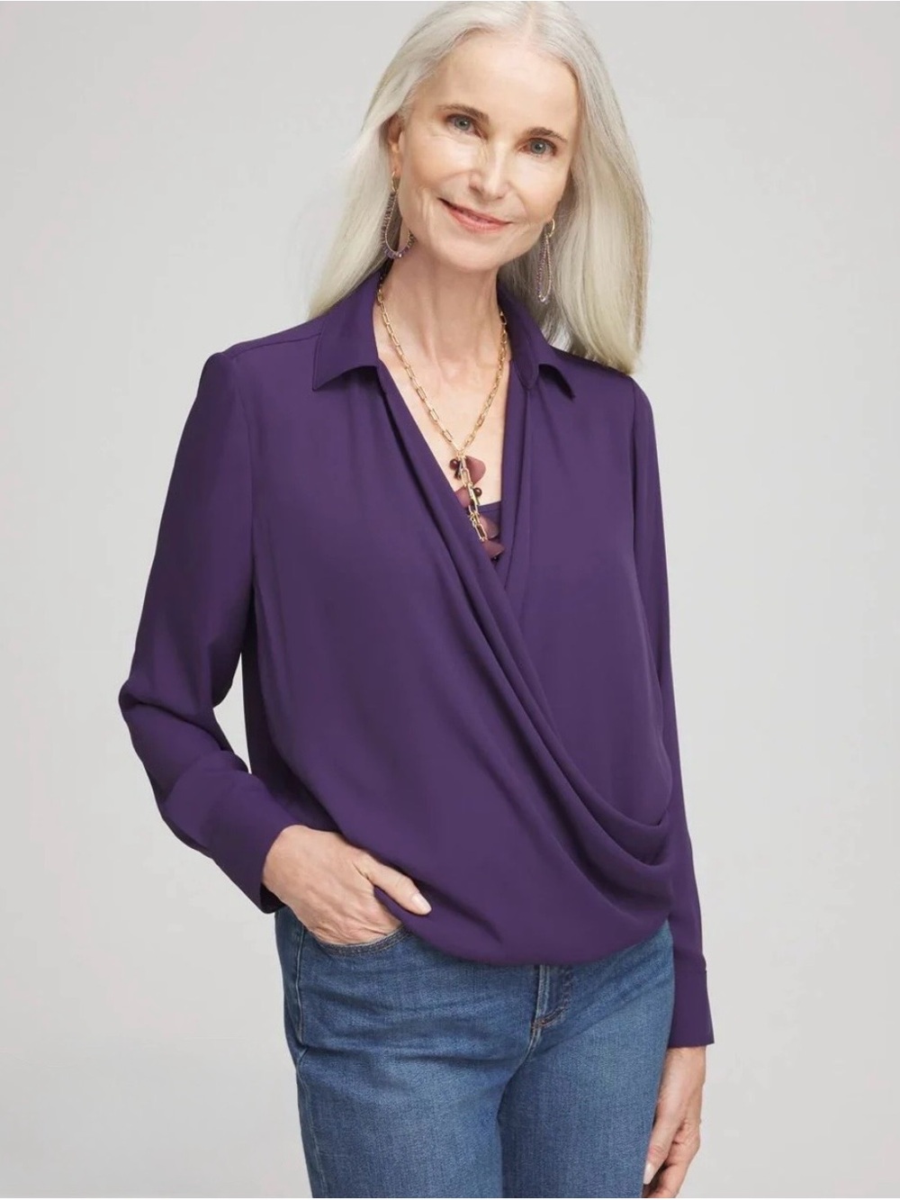 Chico’s Surplice Relaxed Bubble Hem Shirt in midnight violet Drapped Crossover